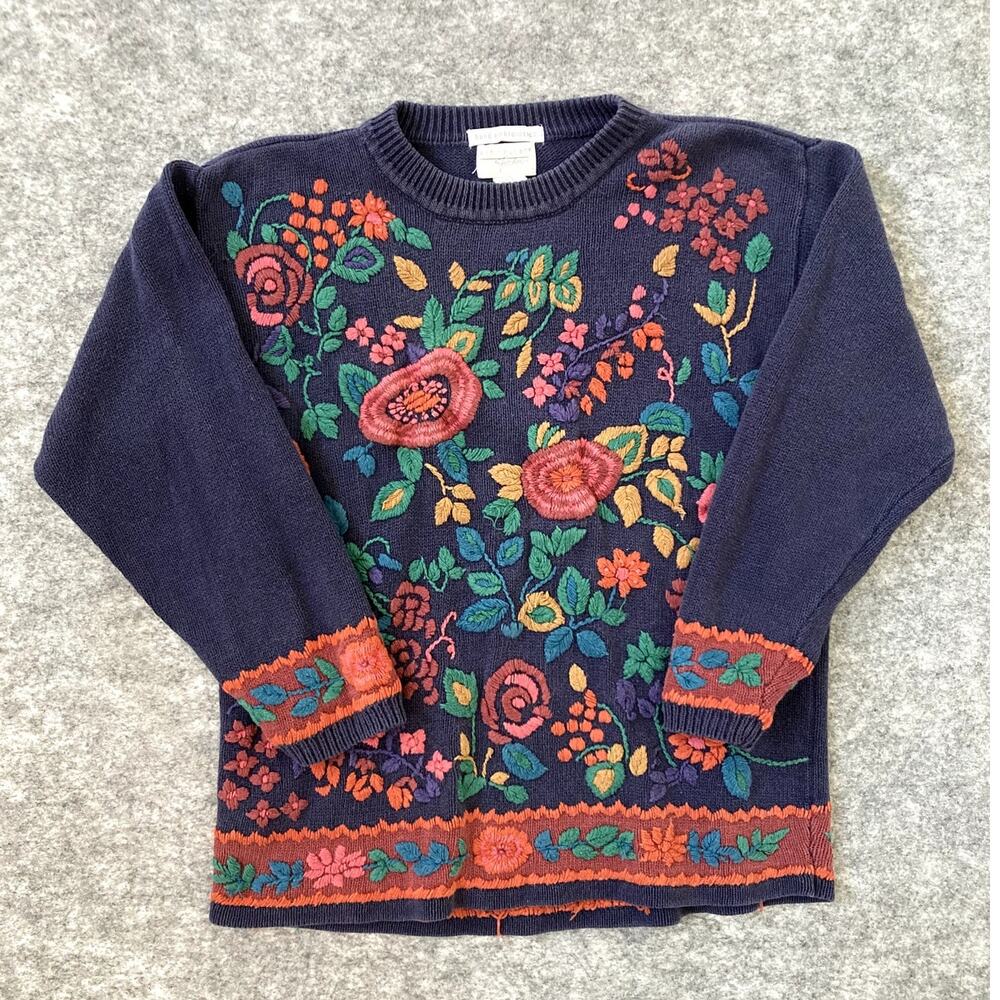 VTG Van Heusen Grandma Sweater Womens Medium Hand Embroidered Knit Floral